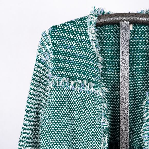 Chico's Structured Tweed Cardigan Women's MEDIUM Open Fringed Cotton Wool Blend - Picture 2 of 6